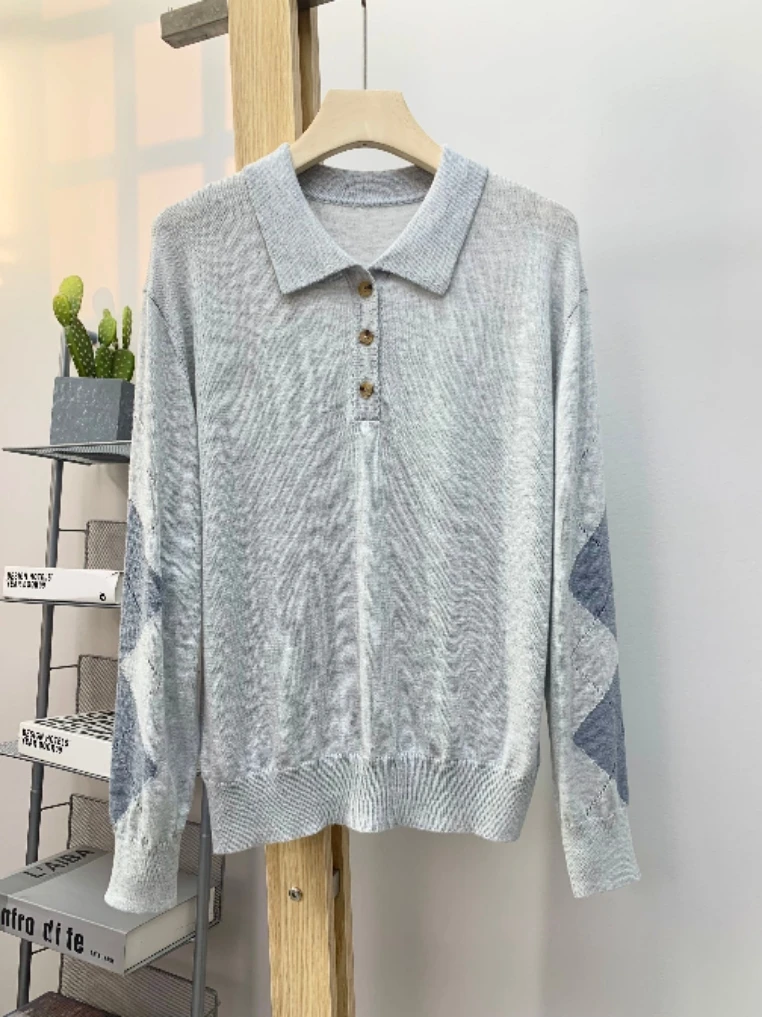 

Korean Sle Casual Loose Fit Long Sve Knitted Sweater Color Blo Collar Diamond Pattern Women's Faion Autumn New ...