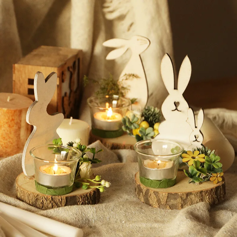 Natural Plant Nordic Wooden Rabbit Creative Glass Candle Holder Home Decoration Ornaments Decorations For Home