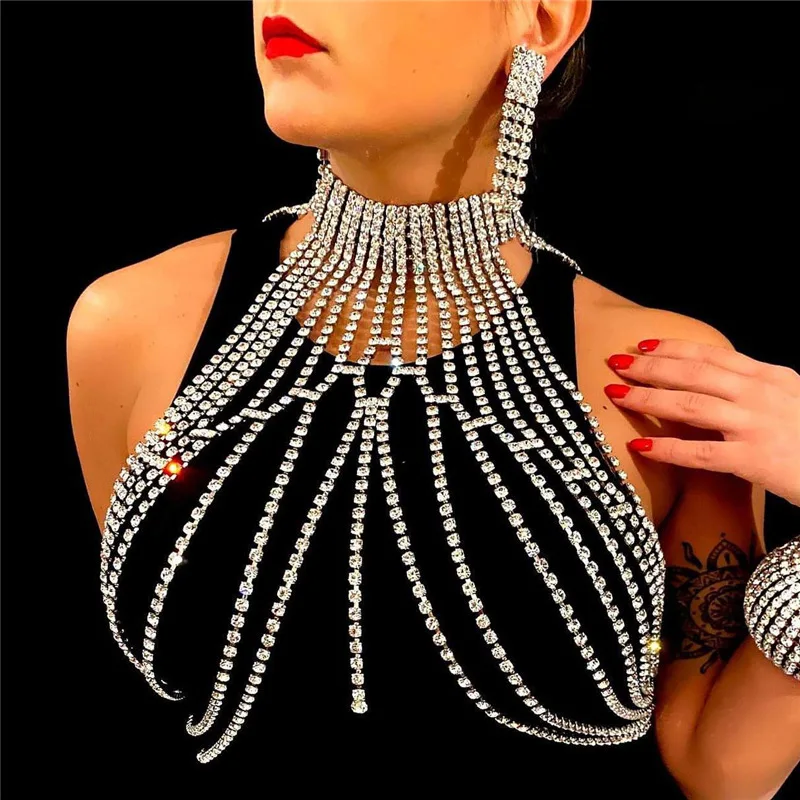 

Sexy See Through Halter Rhinestone Body Chain 2023 Summer Shiny Hollow Out Tassel Tank Top Party Rave Nightclubwear