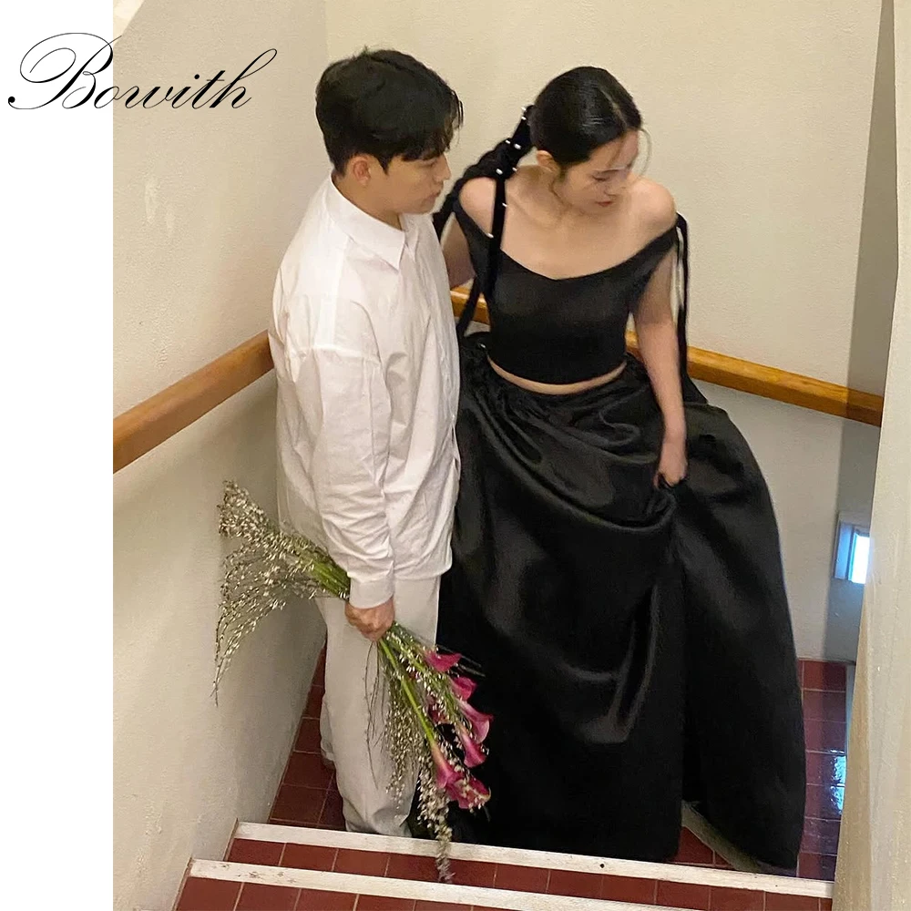 

Bowith Korean Evening Dresses 2 Piece Black Off the Shoulder Girls Prom Dresses Customized Wedding Party Dresses Reception Dress