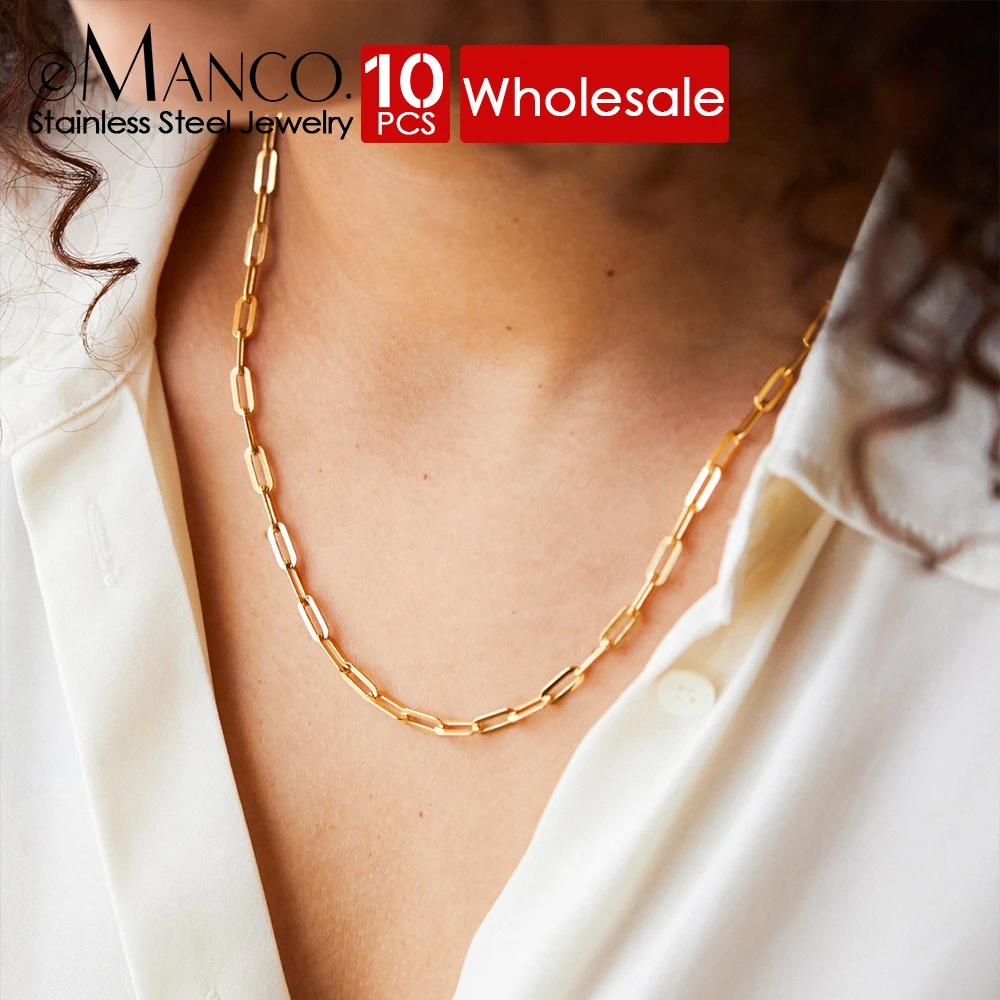 eManco 10PCS Paperclip Link Chain Women Necklace Stainless Steel Gold Color  Necklace Link chain  Jewelry Hot wholesale