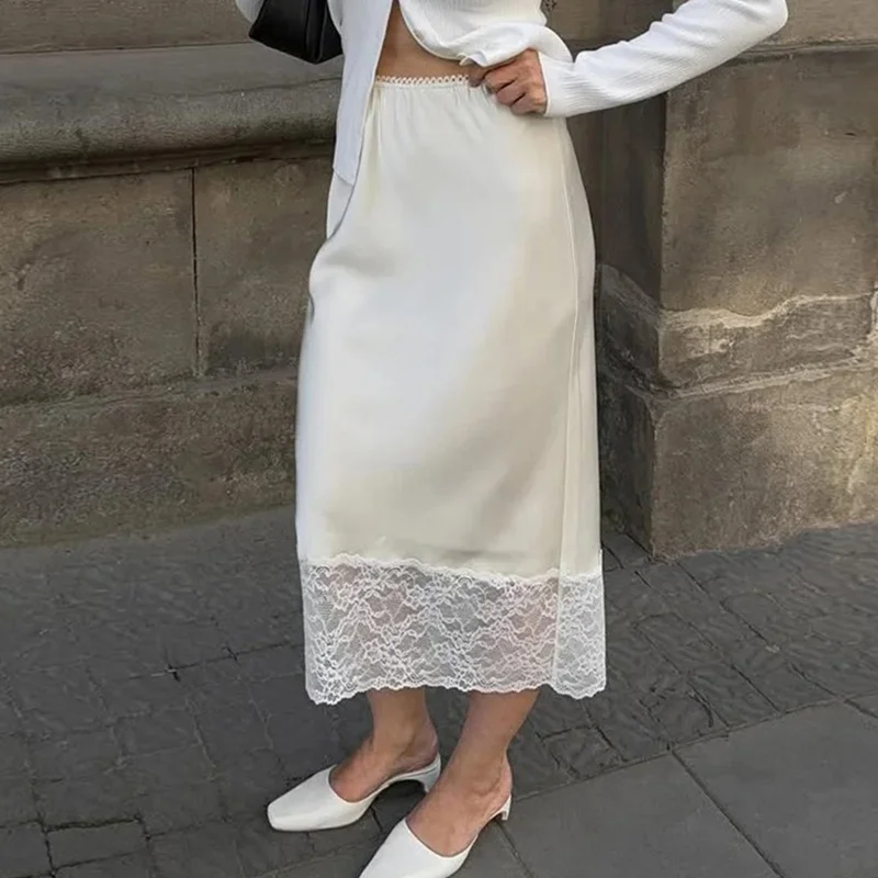 Nuove donne gonna longuette con orlo in pizzo gonne lunghe patchwork in pizzo sottile in raso gonne lunghe eleganti da ufficio a vita alta bianche