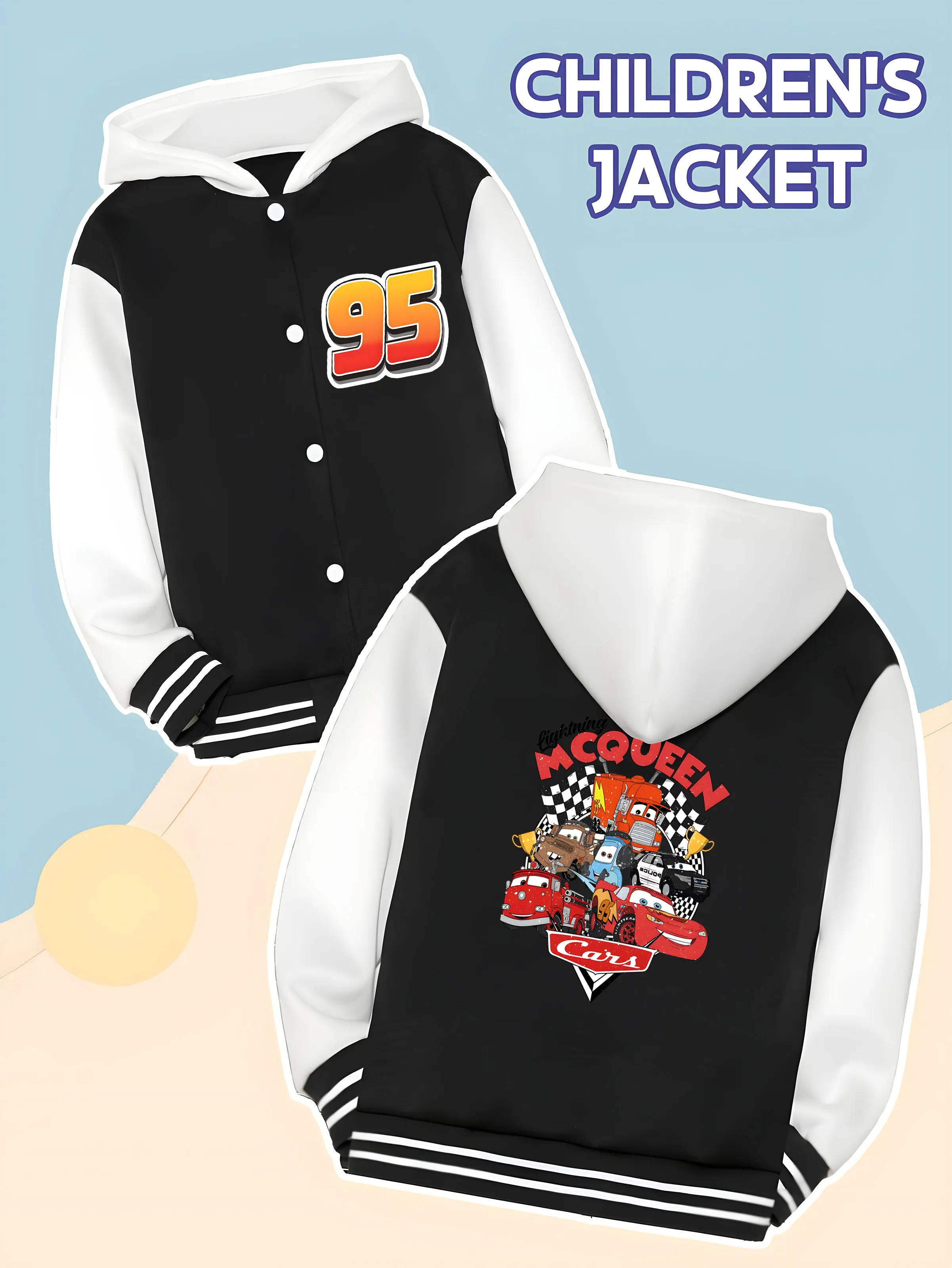 

MINISO Disney Cars McQueen Racing Baseball Jacket for Boys - McQueen and Friends Racing Print, Perfect for Everyday School Wear