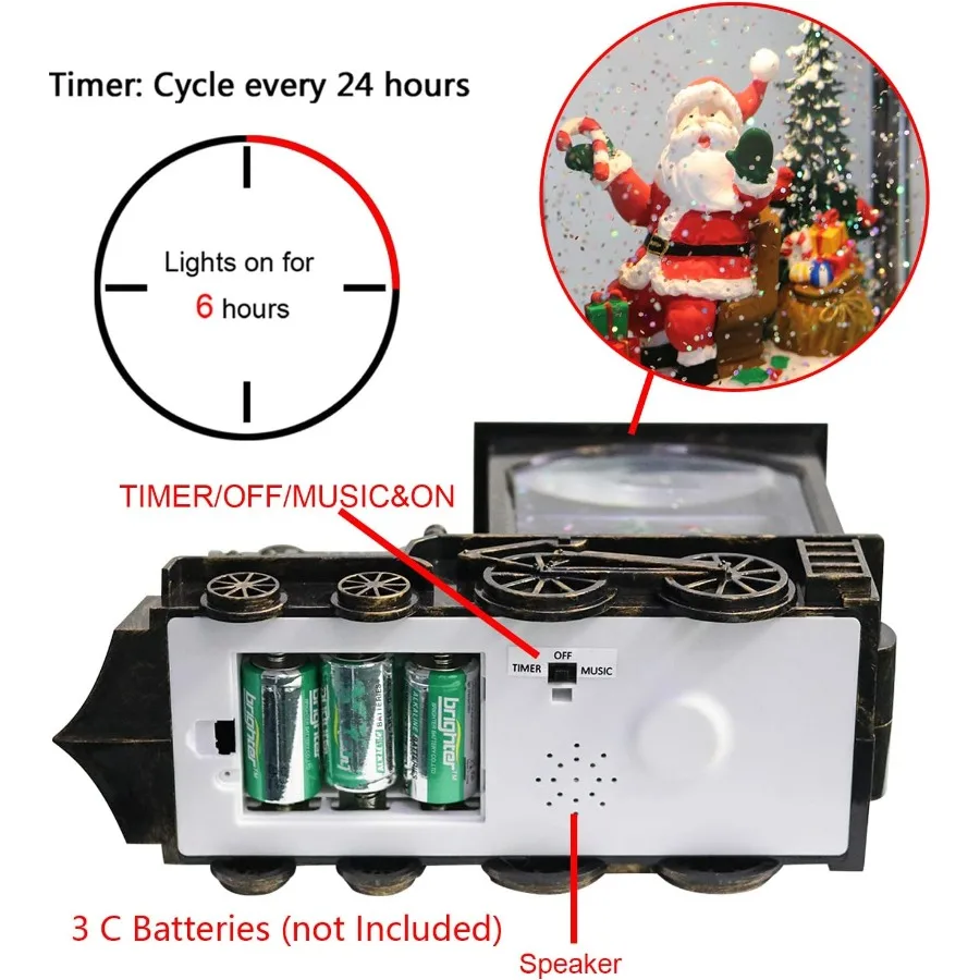 فانوس كرة ثلج مضاء لعيد الميلاد يعمل بالبطارية مع أضواء LED لقطار سانتا كلوز الموسيقية وتأثير لامع للمياه 6 ساعات