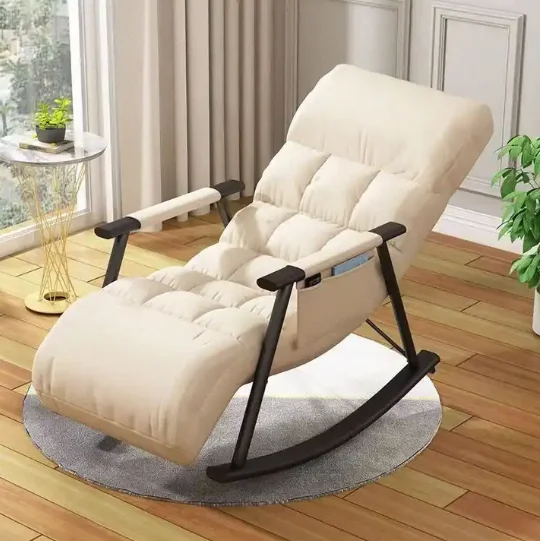Modern Single Iron Solid Wood Nap Rocking Recliner Chaise Lounge Sofa Chair For Home Living Room Furniture Bedroom Balcony Use