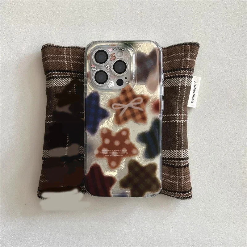 INS Korean Winter Cute Brown Checkered Pentagram Phone Case For iPhone 17 Air 16 15 14 13 12 11 Pro XR Max 7 8 Plus Y2K Cover