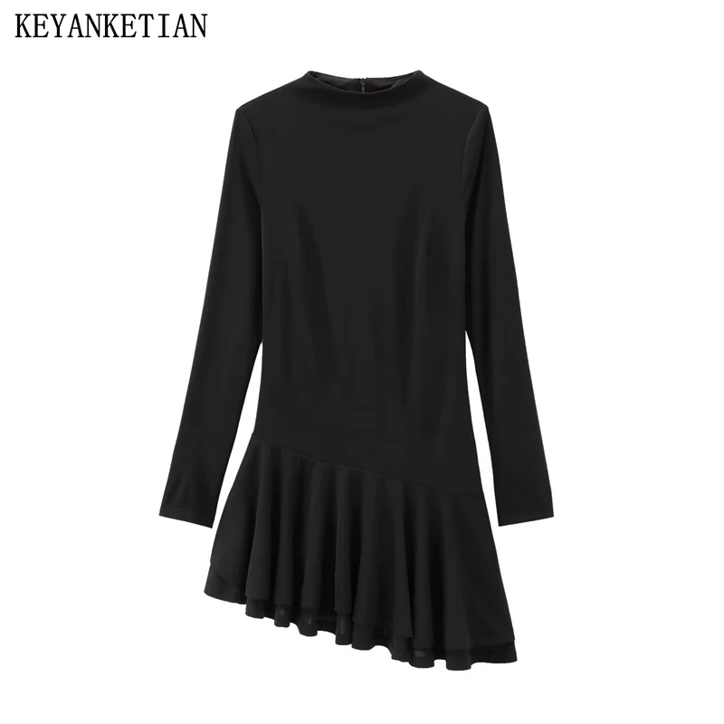 

KEYANKETIAN 2024 New Women Asymmetrical Tiered Black Mini Dress Autumn/Winter Simple style Back Zipper Long Sleeve Slim Dresses