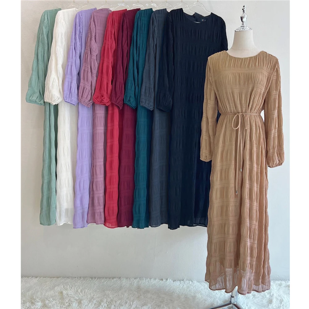 Eid Muslim Dress for Women Abaya Chiffon O Neck Long Sleeve Robe Crinkle Femme Musulman Casual Summer Dresses Ramadan Vestidos