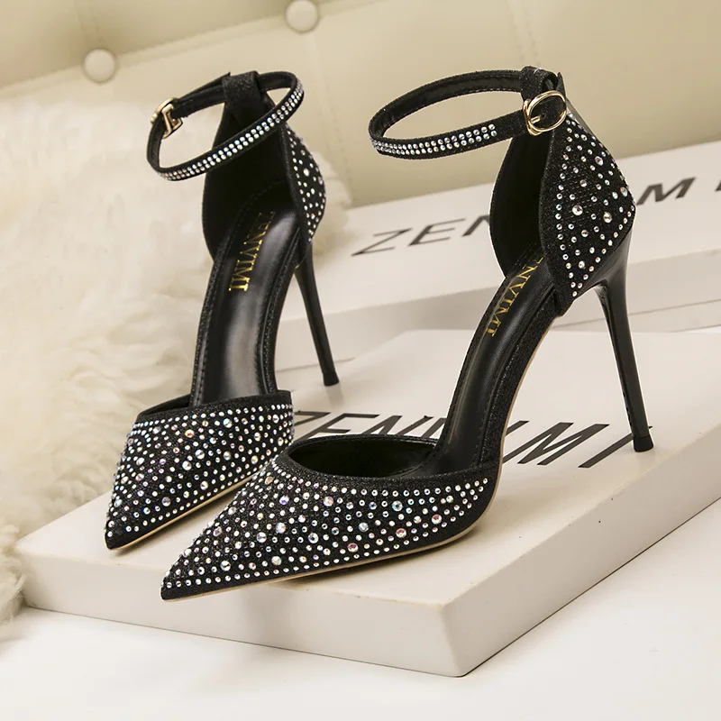 Korean Sweet High Heels For Banquets, Elegant Pointed Shiny Rhinestone Women'S Sandals, Exquisite Wedding Ladies Shoes