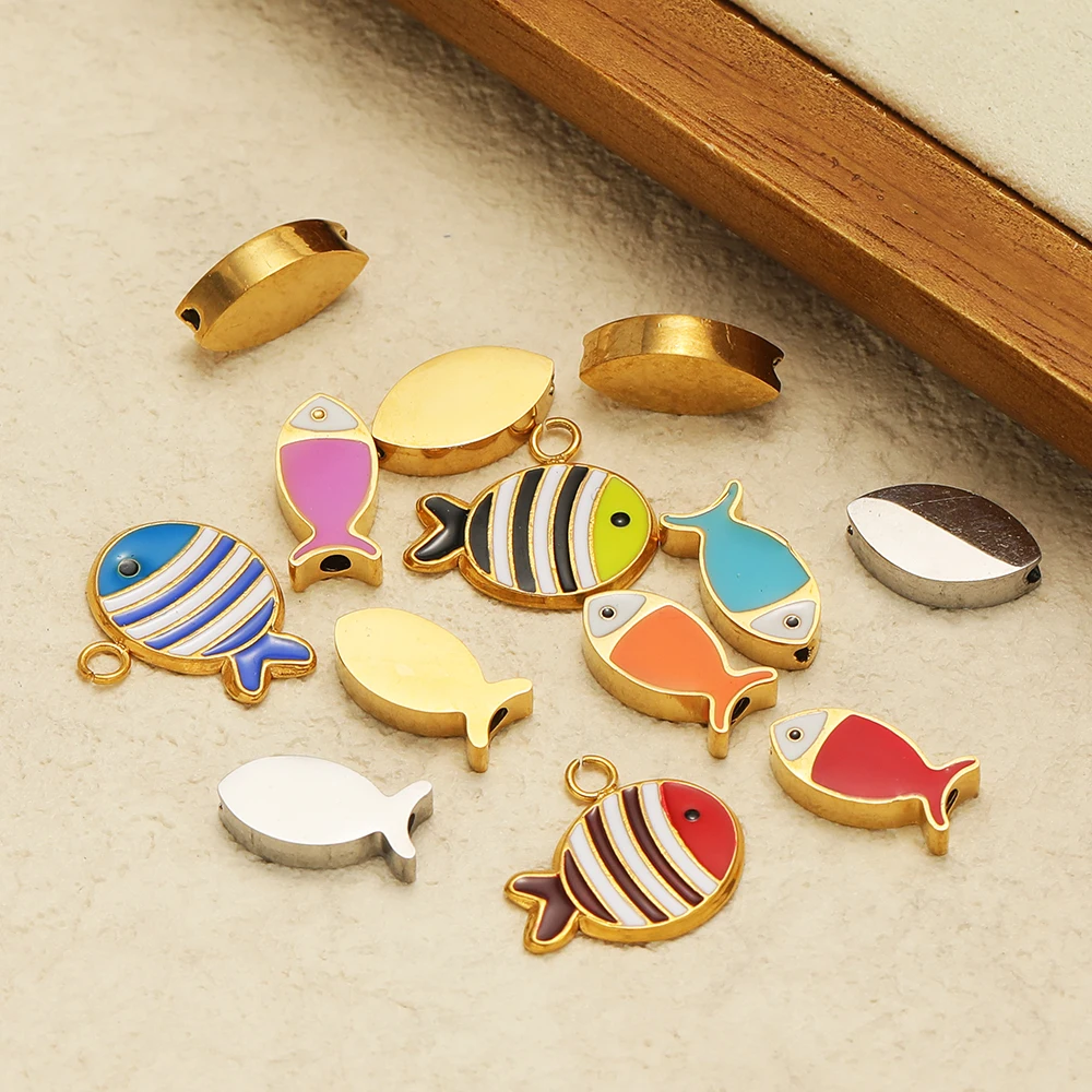 5 Stück Edelstahl Gold Emaille Fischperlen Anhänger für DIY Schmuckherstellung Armbandherstellung Kinder Halsketten Zubehör Großhandel – Detail 5