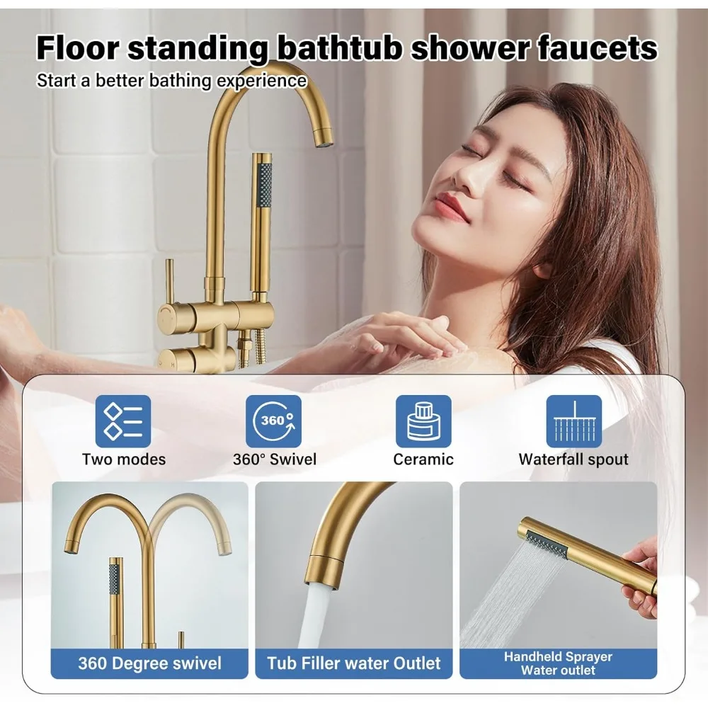 Grifo de bañera independiente con montaje en suelo y acabado en oro cepillado, sistema de ducha de alto flujo que incluye mezclador de ducha de mano Ta