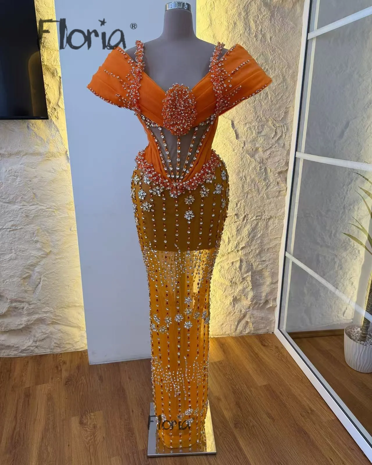 

Luxury Sparkly Rhinestones Mesh Maxi Dress Orange Birthday Party Elegant Gown Show Red Carpet Stage Costumized Prom Dresses