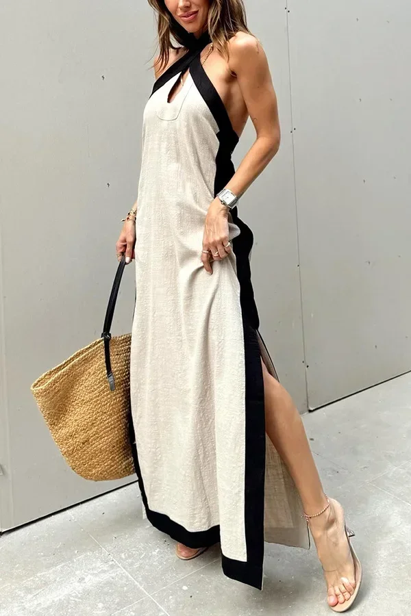 2024 Summer Cotton Linen Women Dress Long Halter Backless Side Split Elegant Dresses Female New Sexy Casual Trendy Lady Clothes