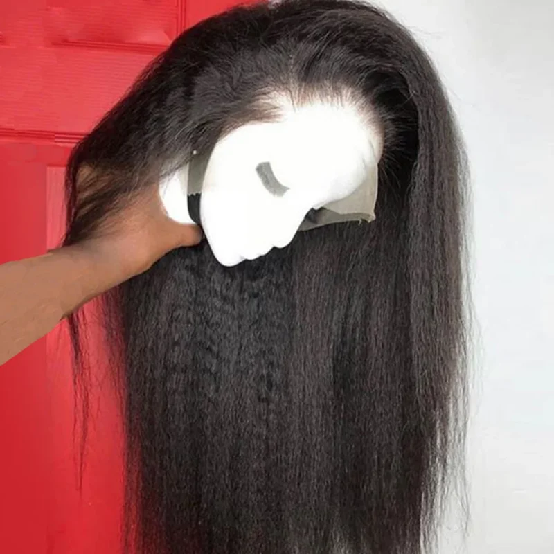 Perruque Yaki Lace Front Wig sans colle noire naturelle, cheveux crépus lisses, longs, 26 pouces, densité 180, avec baby hair, 03/Pre-Plucked, pour femmes