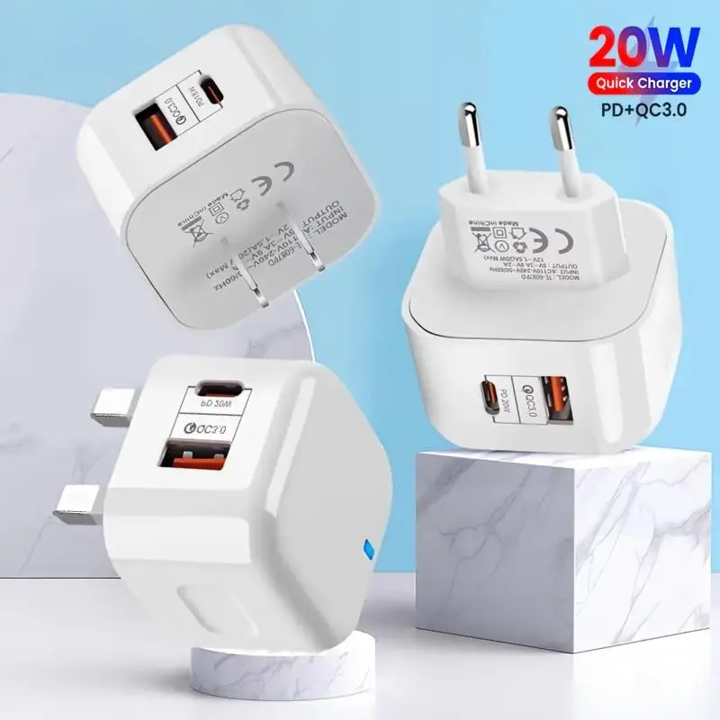 Chargeur mural double port 20W Type-C USB C, chargeur rapide pour téléphone, adaptateurs d'alimentation à charge super rapide, prise EU/US/UK pour iPhone Xiaomi