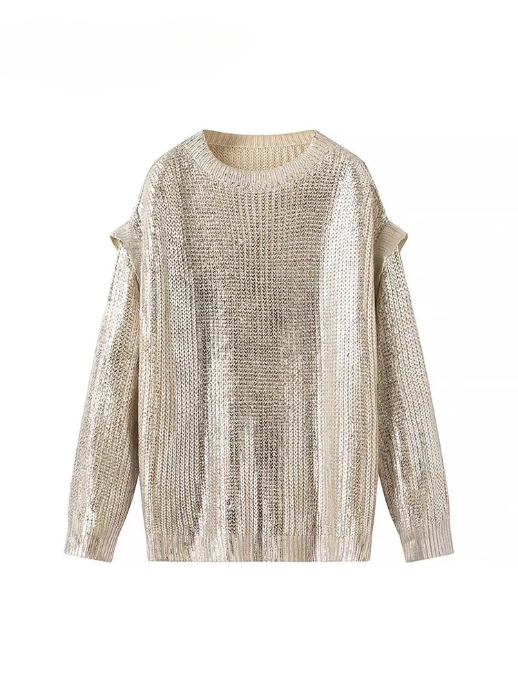 2024 New Fall Gold Leaf Sweater for Women, Metal Knit, Luxury Pullover Long Sleeve Sweater for Women Sweatshirt