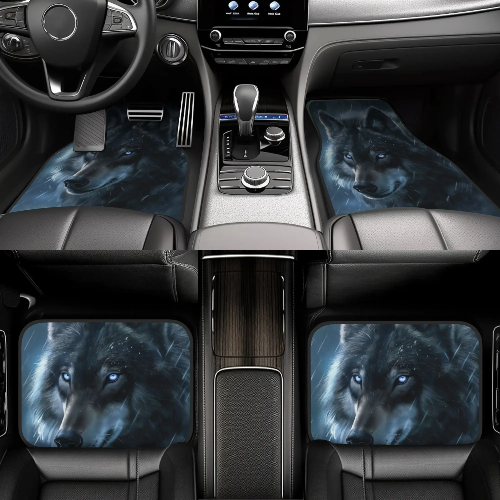 4pcs Arctic Wolf In The Rain Painting - Arctic Wolf In The Rain Fine Print Pattern Universal Car Floor Mats - Polyester Material