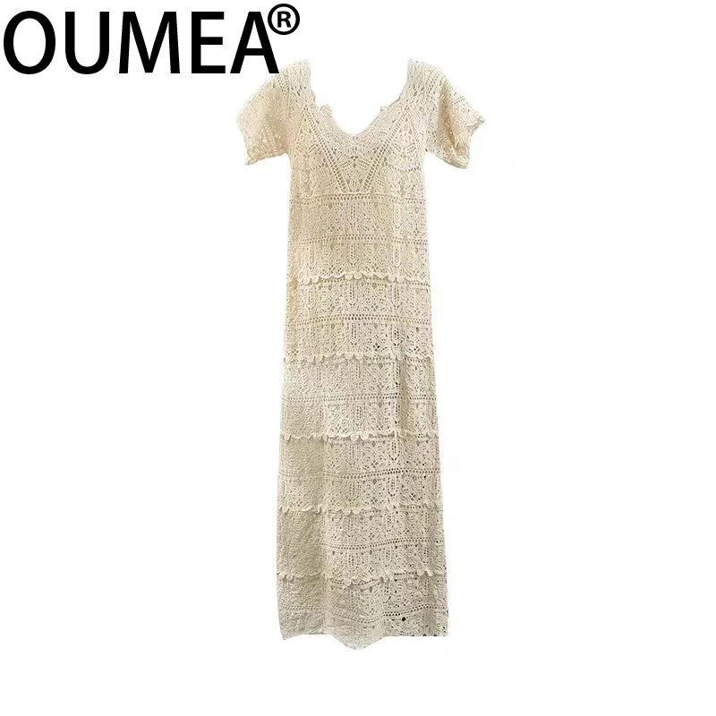 OUMEA Women Crochet Dress Short Sleeve V Neck Beach Crochet Long Dress Vintage Embroidered Knitting Dress