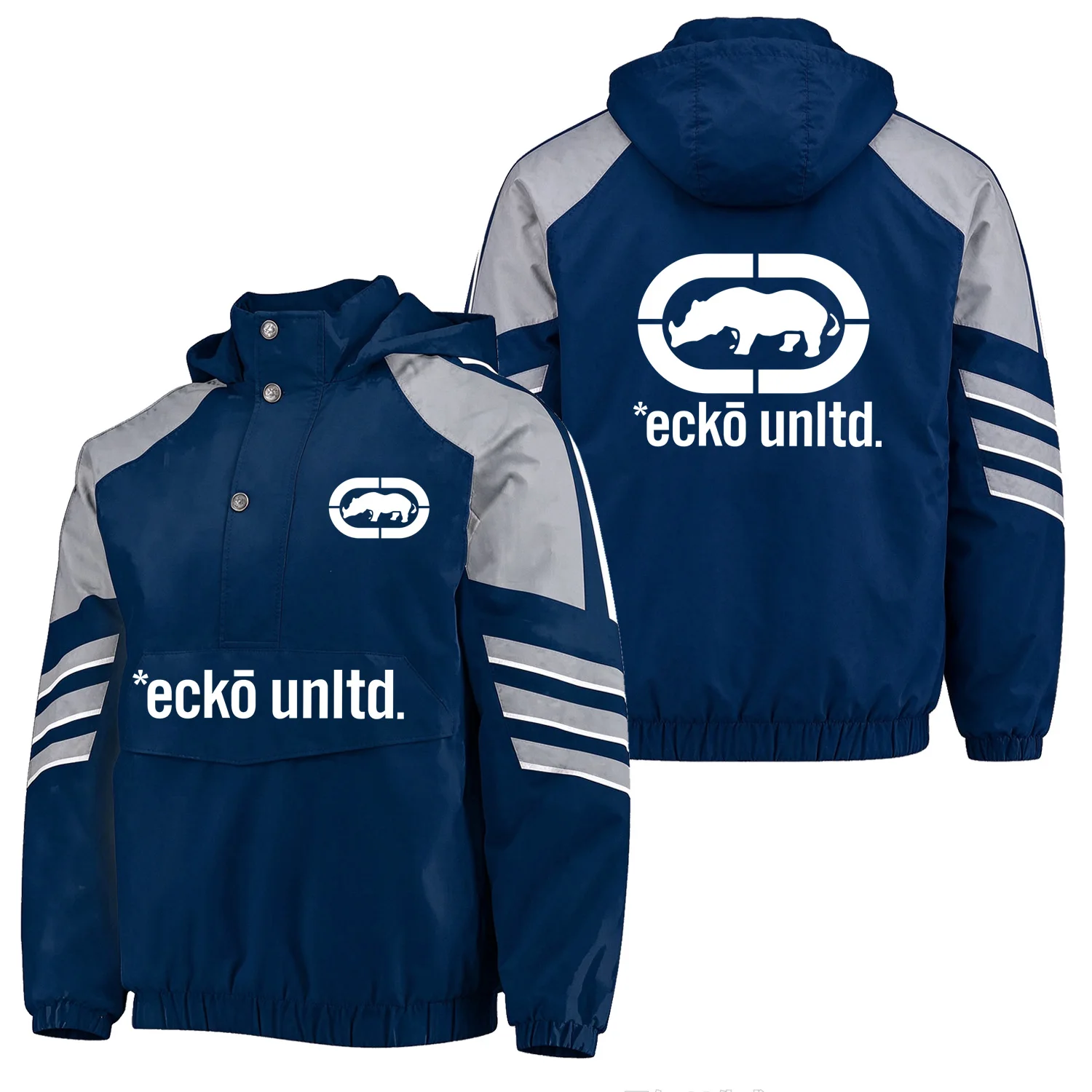 EU/Size Man Hip‑Hop Pullover Hooded Jacket Ecko Unltd Logo Multi‑Color Splice Half Snap Button Windproof Casual Street Style Out