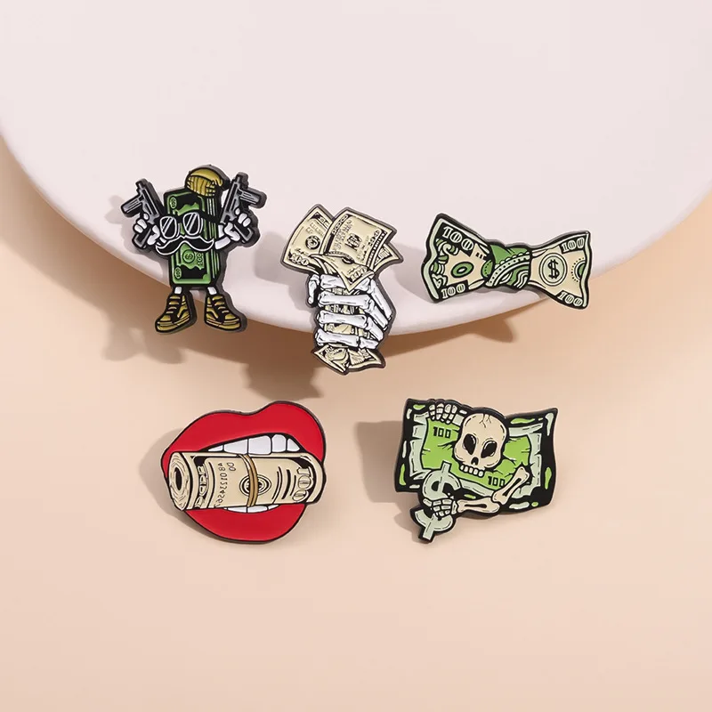 Cartoon skull dollar shaped metal Brooch Enamel Pins Fun Banknote Skeleton Warrior Badge  Costume Accessories Jewelry Gifs