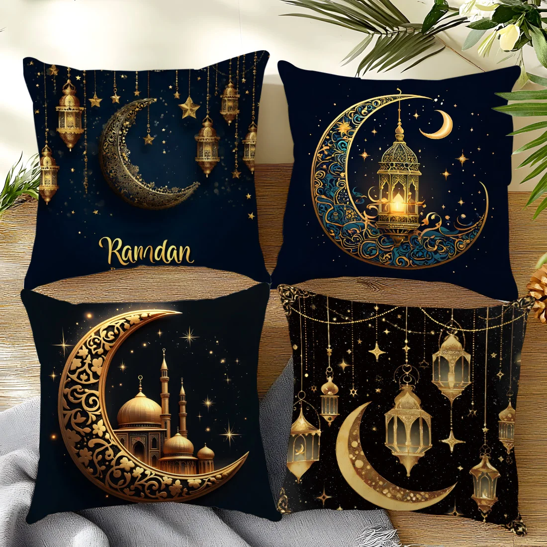 1 Stück doppelseitig bedruckter Ramadan-Kissenbezug – schwarzes und goldenes Mondlaternenmuster für Wohnzimmer, Sofa, Schlafzimmer, Dekoration