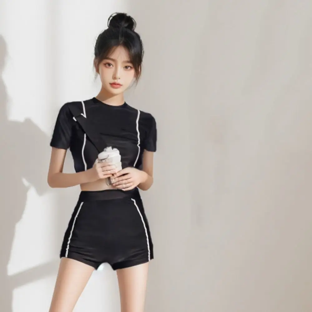 Costume da bagno da donna con design patchwork, vestibilità snellente con pantaloncini, costumi da bagno a maniche lunghe, costumi da bagno in tessuto per protezione solare a vita alta