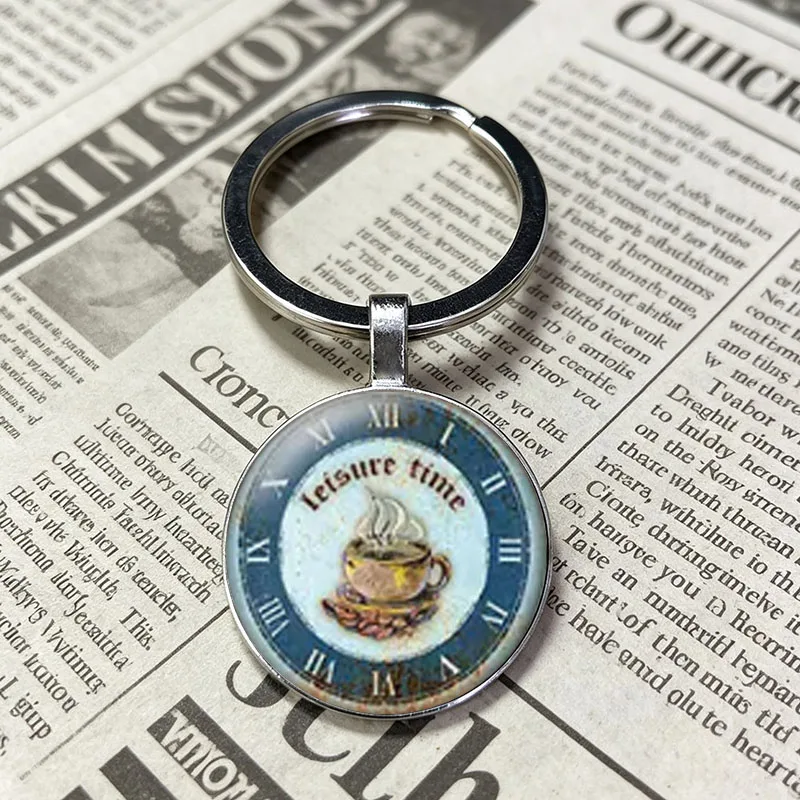 Hit Product　Leisure Time Coffee Cup Bean Roman Clock Dial Keychain Vintage Distressed Silver Key Holder Pendant