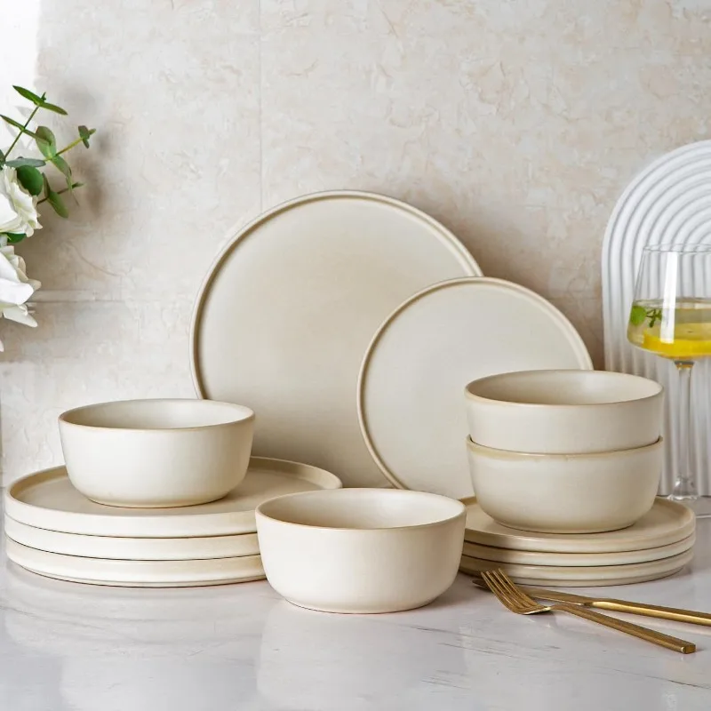 Stoneware Dinnerware Sets of 4, Highly Chip and Crack Resistant | Dishwasher & Microwave Safe | Round Dishes Set Service