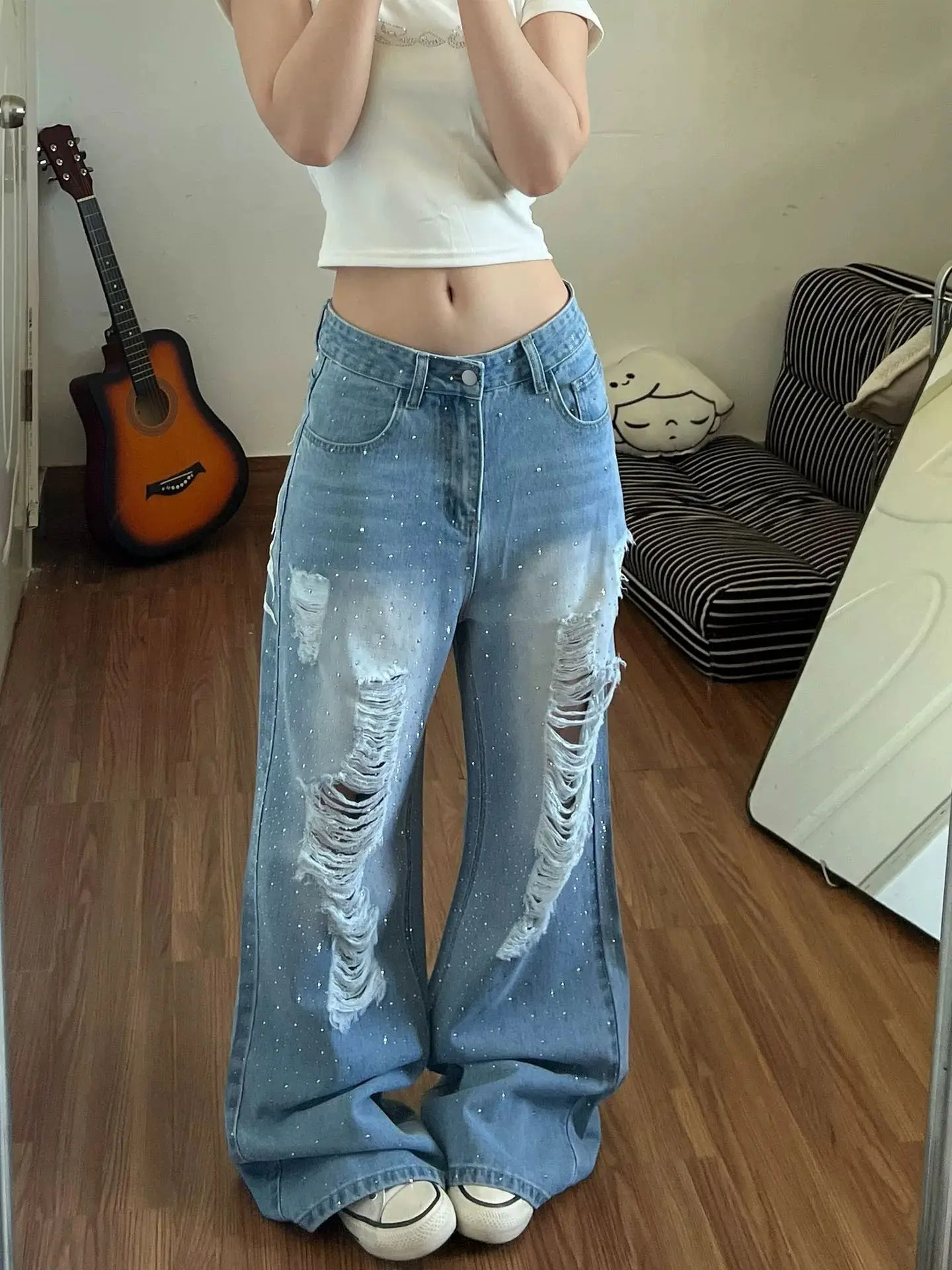 Y2K Retro Jeans Wing Embroidered Adjustable Waistband Hot Stamping Drilled Floor Pants for Summer Style