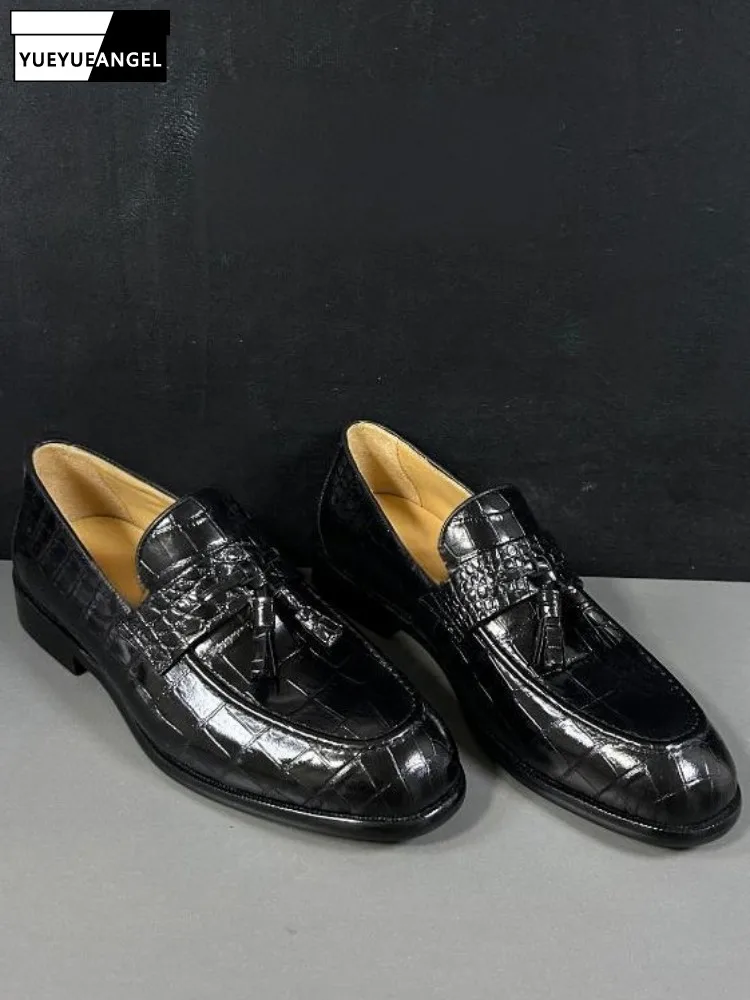 

Business Casual Cowhide Round Toe Slip On Male Dress Shoes Crocodile Grain Genuine Leather Hard Wearing Solid Color Tassel Shoe