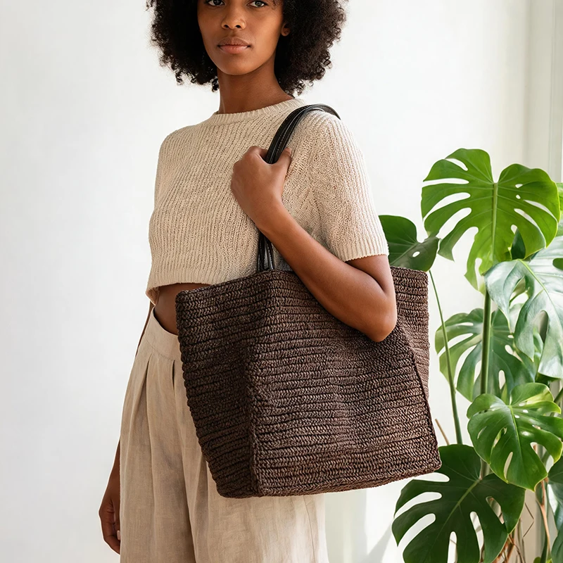 Handgewebte Stroh-Strandtasche, Große Kapazität Damen-Schultertasche, Leichte Vielseitige Sommer-Handtasche für Pendeln und Reisen, Khaki – Detail 13