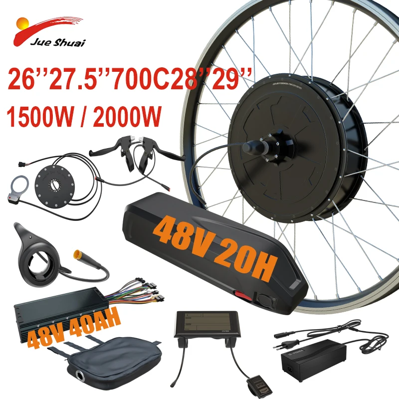 

2000W 48V Electric Bike Coversion Kit 26''27.5''700C29'' Brusheless Gearless Hub Motor Wheel 20Ah Hailong Lithium Battery