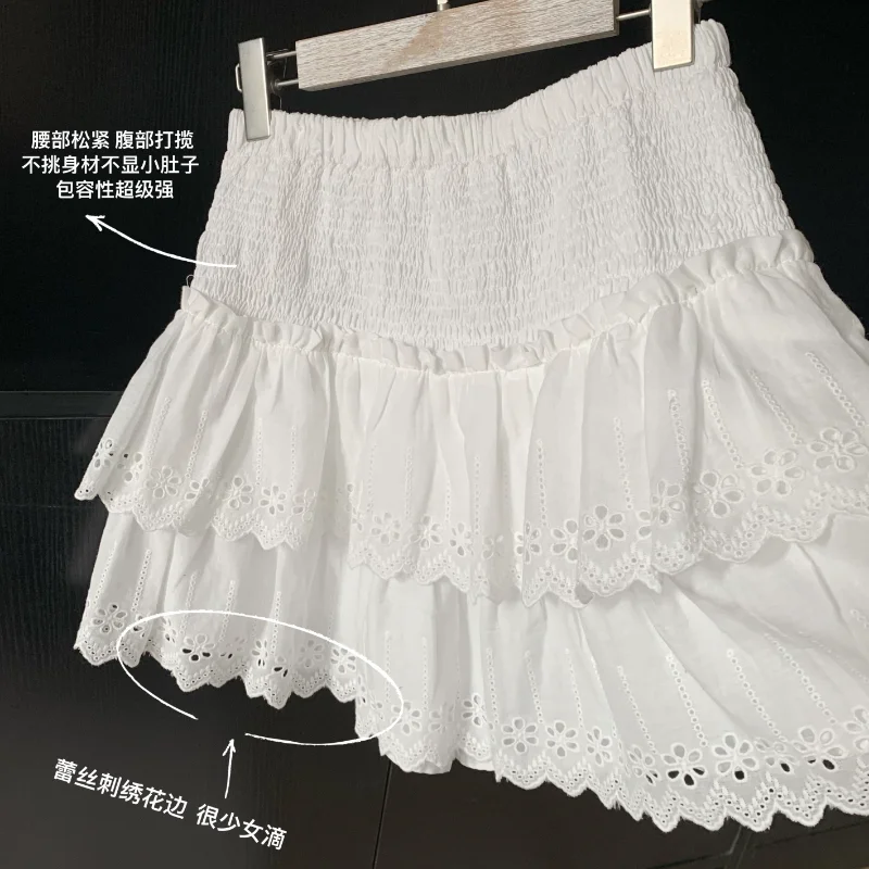 Lace Embroidery Folds Sweet Skirt Elastic Waist Ball Gown A-Line Cake Mini Y2k Ballet White Skirts Women Hotsweet High Street