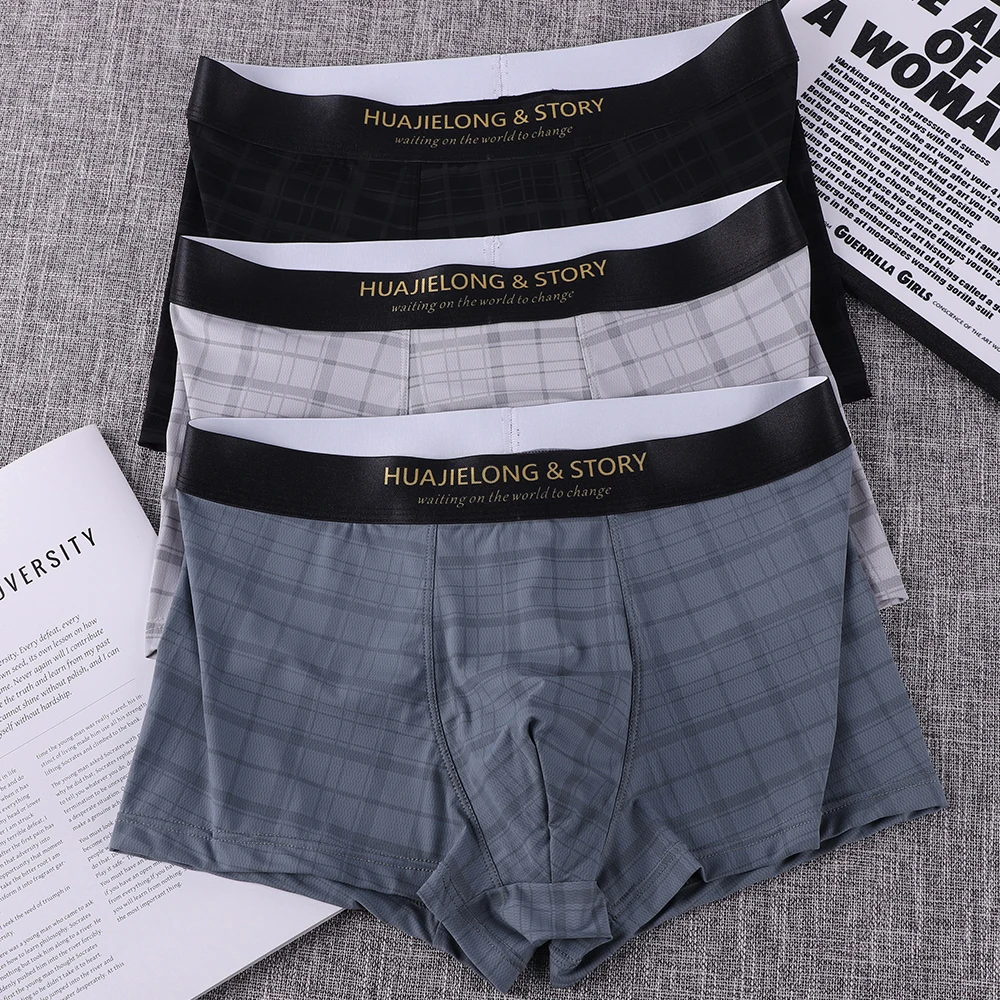 

Комплект из 3 шт. мужских трусов-боксеров из прохладного шелка в клетку, дышащие, с сетчатой вставкой, высокоэластичные, для повседневной носки