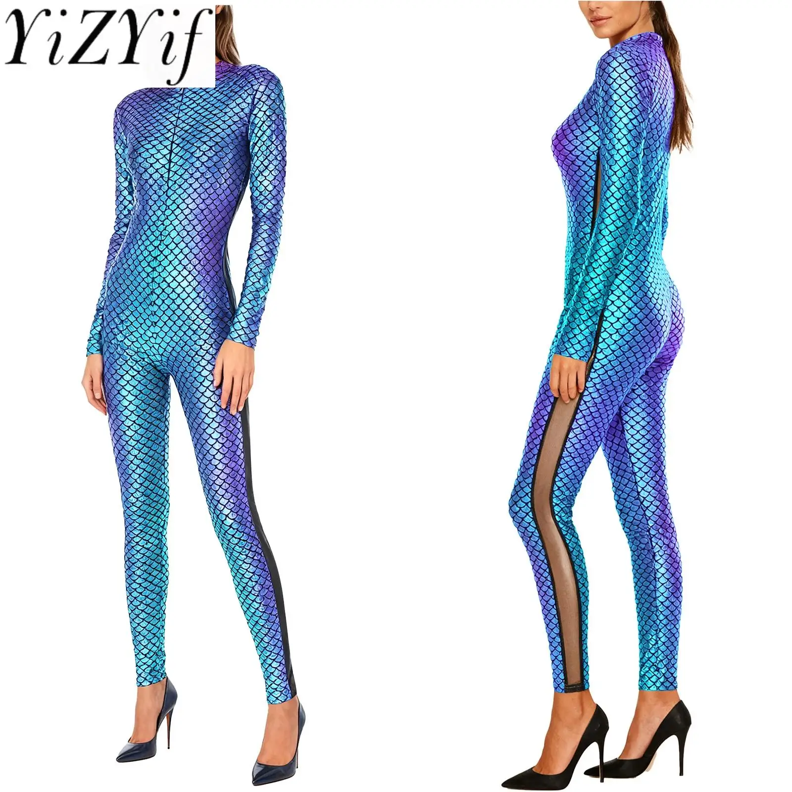 

Женский стильный спортивный комбинезон с принтом рыбьей чешуи русалки, прозрачный сетчатый комбинезон с длинными рукавами, боди русалки для косплея, вечерние пляжная одежда