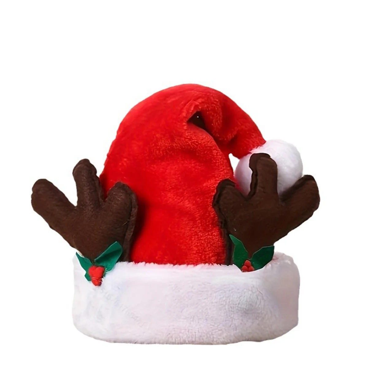 Bruine gewei's, bladeren, korte pluche kerstmutsen, kerstdecoraties voor feestjes, pluche kerstdecoraties, rode kerstmutsen.