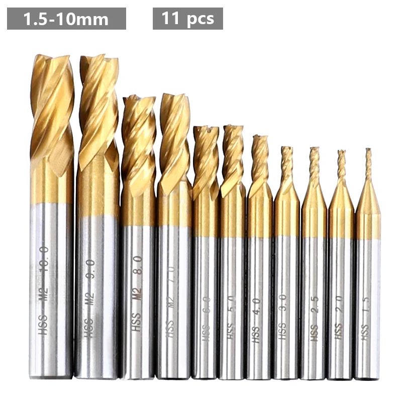 1.5-10mm Milling Cutter 4-Flutes Titanium Coated HSS End Mill Set 7Pcs/11Pcs CNC Router Bit For Wood Metal Steel