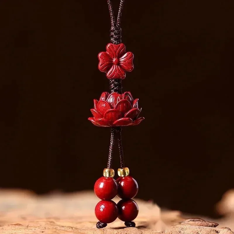 Customized Cinnabar Lotus Key Chain Organic Jewellery Carved Fashion Chinese Natural Charm Gifts Amulet Bag Buckle Pendant Red