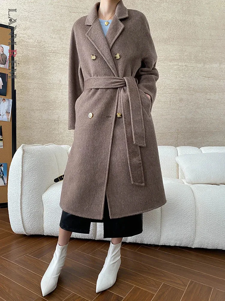 

[LANMREM] Elegant Woolen Coats For Women Belt Gathered Waist Notched Double Breasted Long Outwear 2024 Winter New 26C939