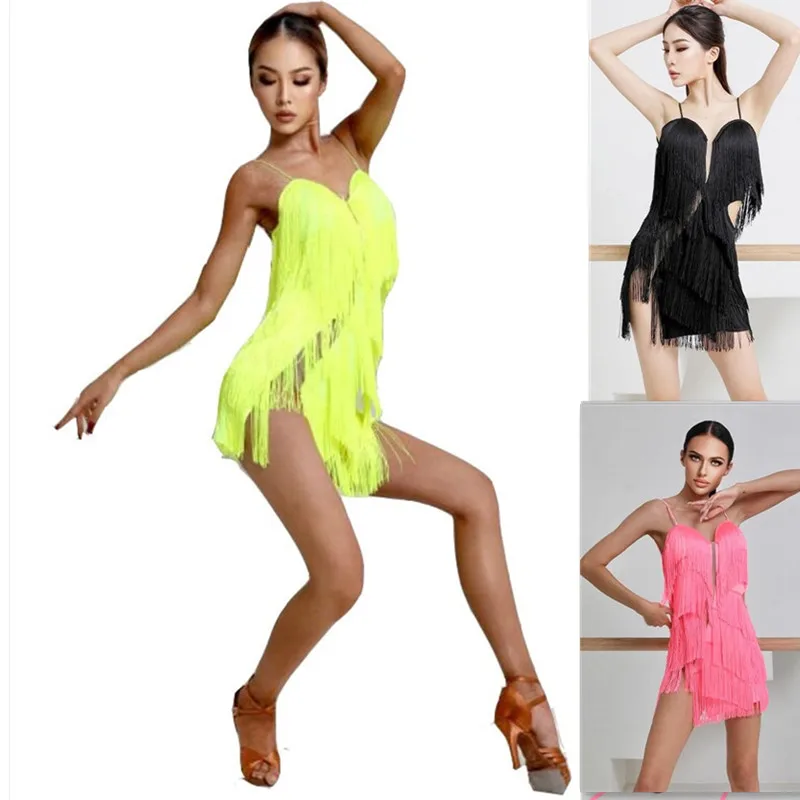 neon yellow black pink fringe latin dress sexy latin competition latin dressTango Salsa Cha Cha Samba Rumba dress