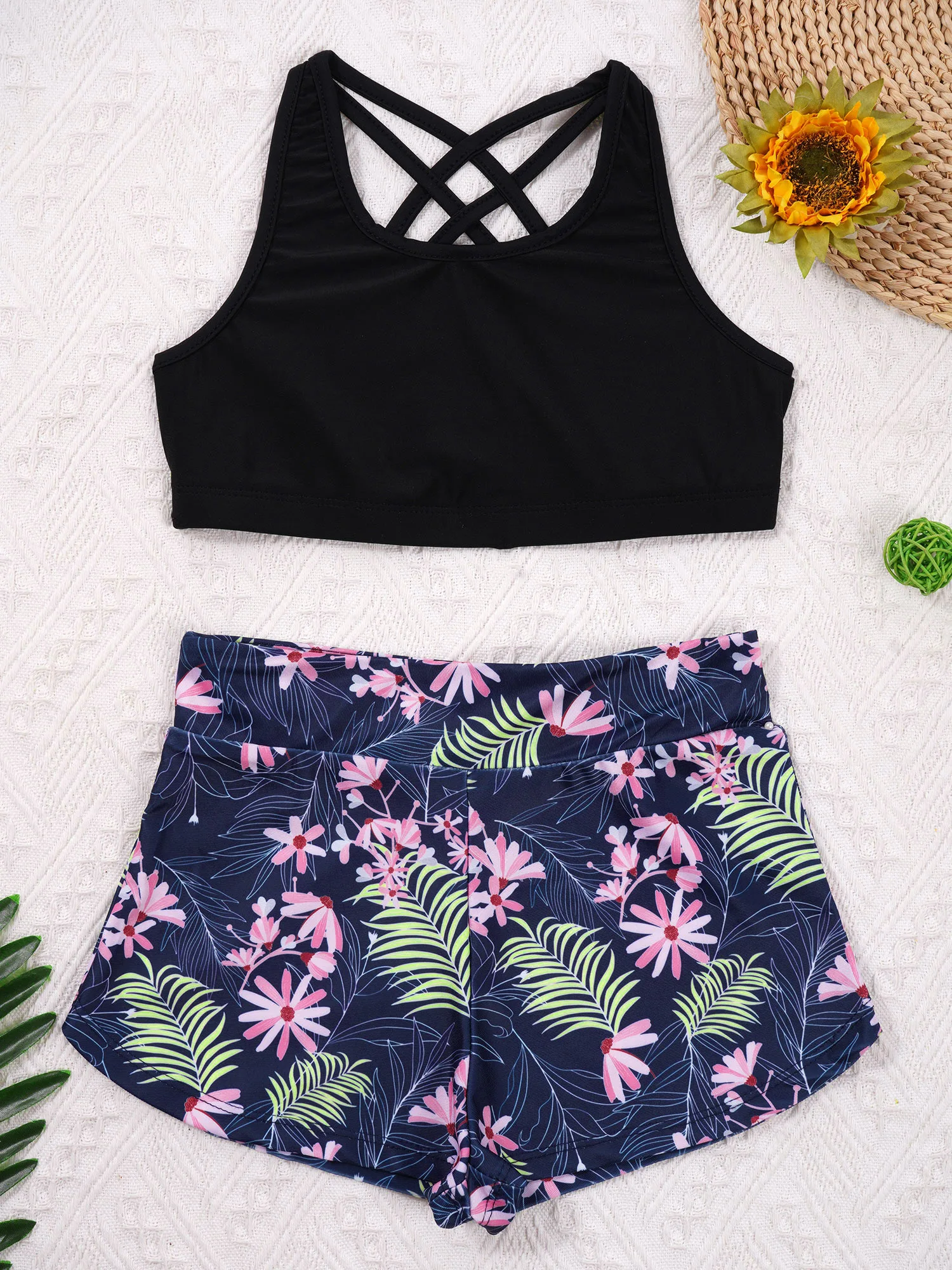 3Pcs Tankini Set Kids Girls Swimwear Sleeveless Strappy Back Crop Top with Print Shorts And Briefs Bikini Suit Summer Beachwear