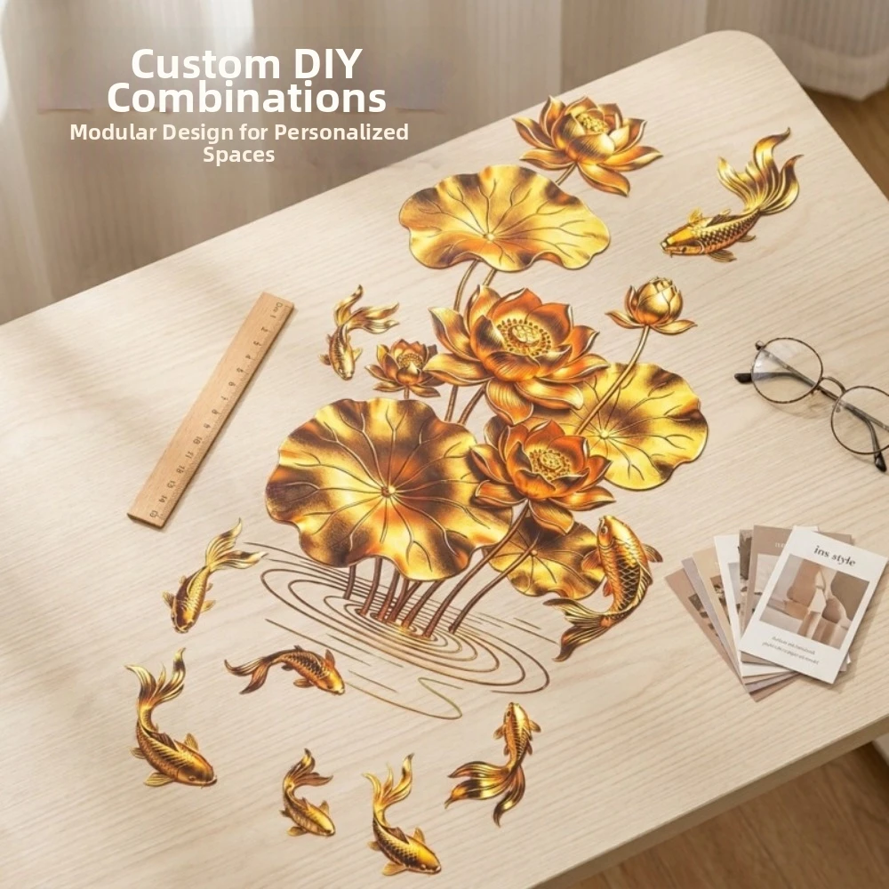 Anti-static Flower Koi Sticker Plastic 3D Effect Golden Lotus Wall Sticker Chinese Style Glass Door Sticker