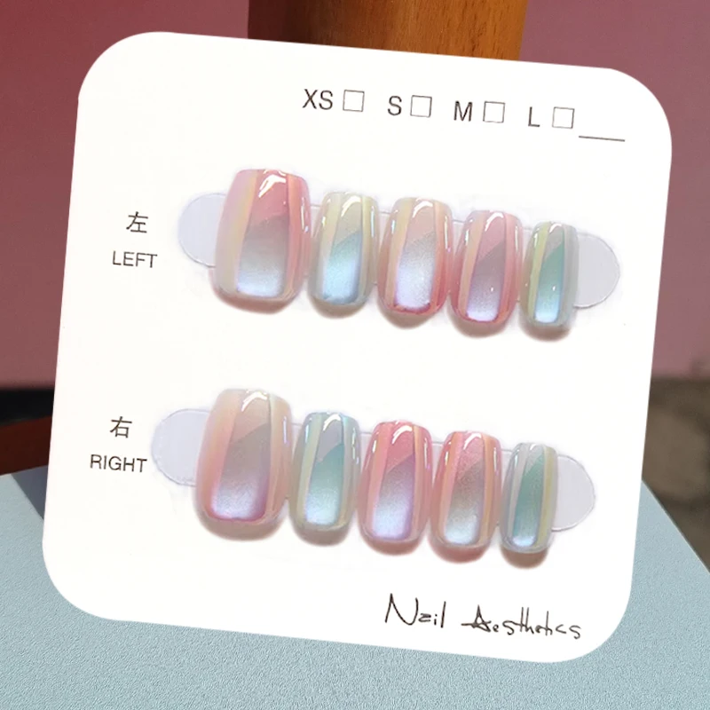 10pcs Short Candy Color Rainbow Gradient Cat\'s Eye False Nails Square Head Girl Lady Press on Nail Wearable Detachable Nail Tips