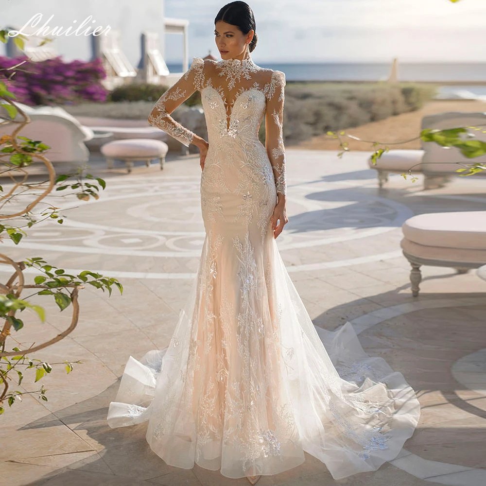 Lhuilier Customized Women's High Neck Mermaid Lace Wedding Dresses Full Sleeves Tulle Bridal Gown with Chapel Train