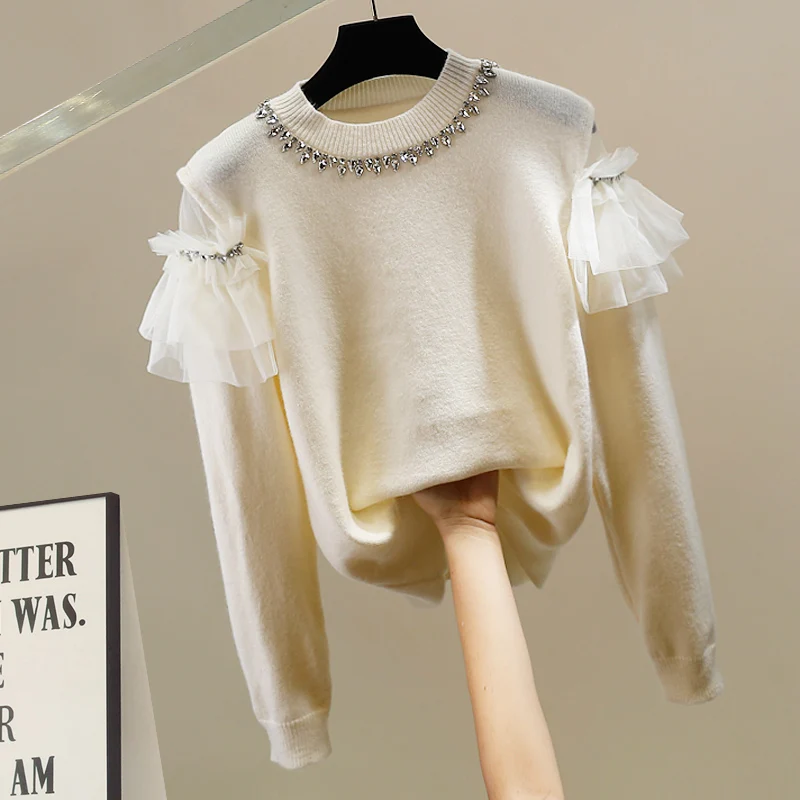 

Korean Sle Heavy Bead Decoration Knitted Sweater Loose Long Sve Design Faionable Autumn Winter Warm Color Top