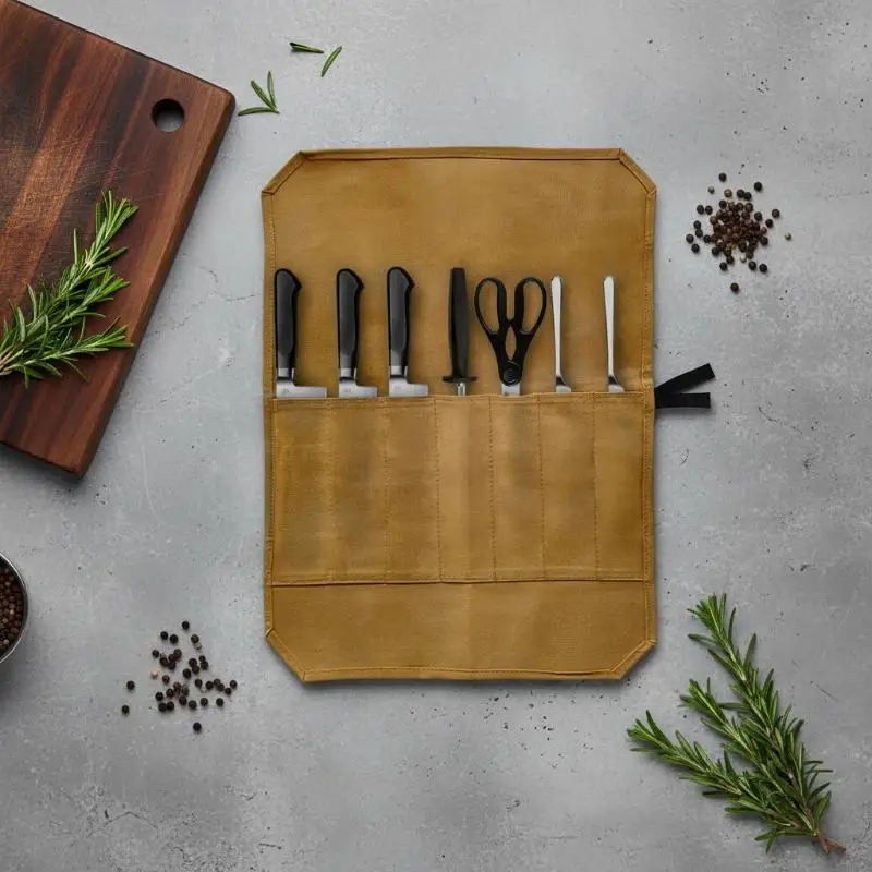 Canvas Knife Roll Bag Portable Water-Resistant Chef Knife Storage Carrier 1Pcs Perfect Gift for Culinary Enthusiasts