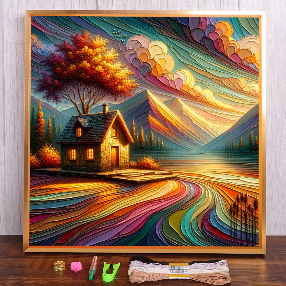 Landscape Sunset Printed Cross Stitch Embroidery Full Kit DMC Threads Handmade Knitting Craft Handiwork For Adults Magic Needle