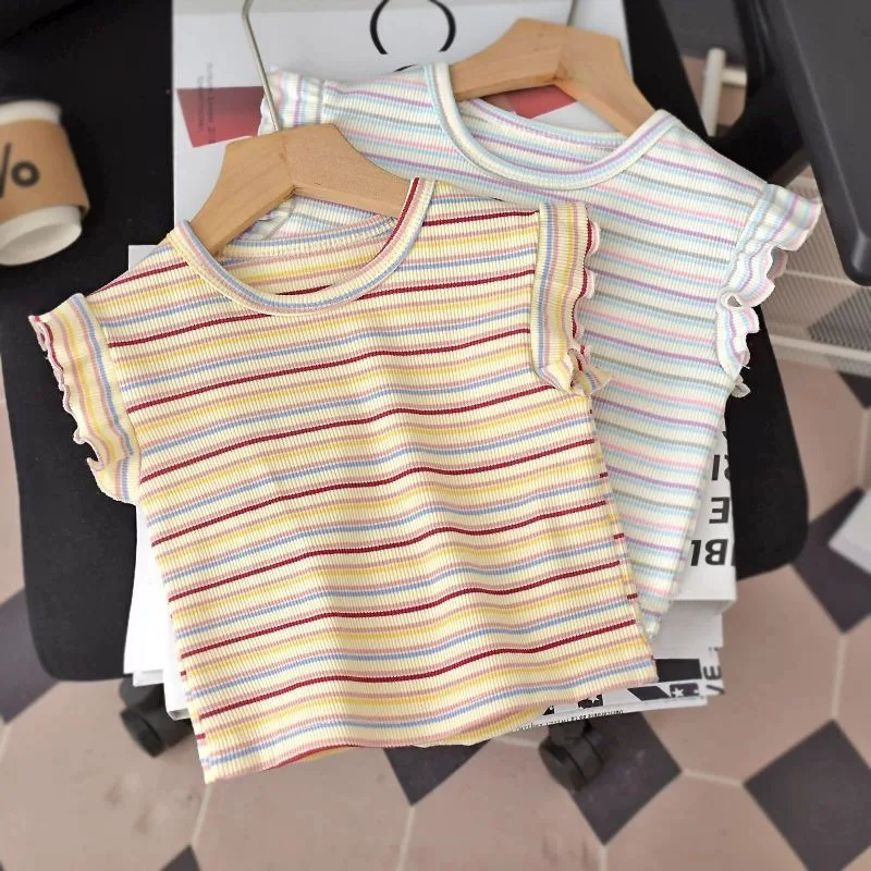 

Girls f Sve T-irt Ice Silk Thin Faion Summer Baby Top Korean Version Stripe round Ne Base irt Trendy
