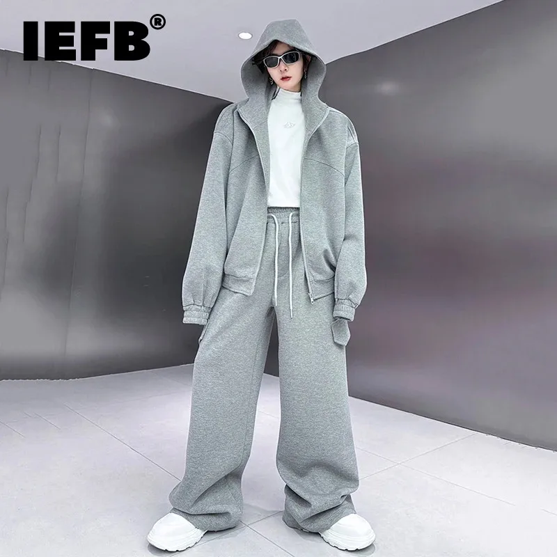 

IEFB Men's Set Solid Color Sweatshirt Hooded Cardigan Coat Casual Lace-up Wide Leg Pants 2024 Summer New Trend Two-piece 9C5218