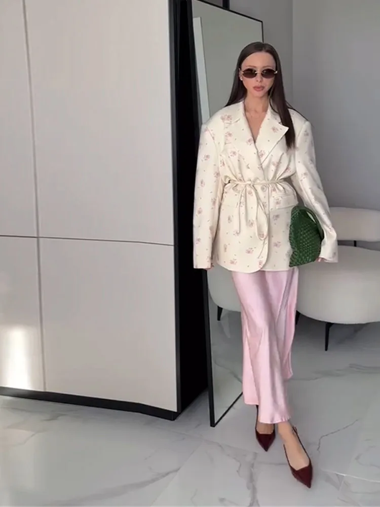 

2024 Antumn, женские пиджаки с цветочным принтом, на шнуровке, на одной пуговице, на талии, с подплечниками, офисные женские куртки, новое шикарное пальто, топ